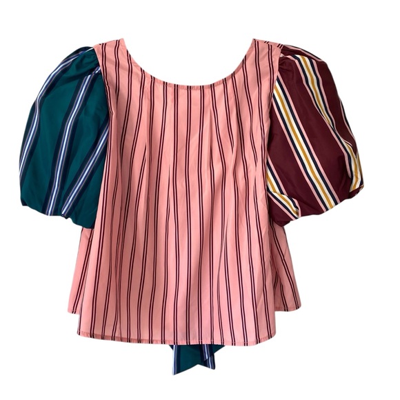 Maeve Anthropologie Taffeta Bow Swing Blouse Puff Sleeve size XS Pink Stripe - Picture 4 of 10